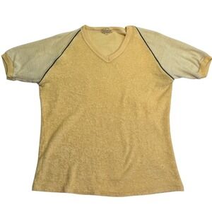 Pro Shop V-Neck Terry Cloth‎ Shirt Yellow Mesh Raglan Sleeve Vintage Sportswear